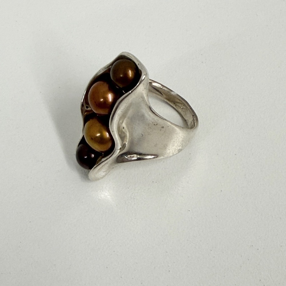 HG Hagit Gorali Sterling W/ 4 Brown Tones Pearls Ring VERY COOL Size 7 1/4 - Picture 5 of 11